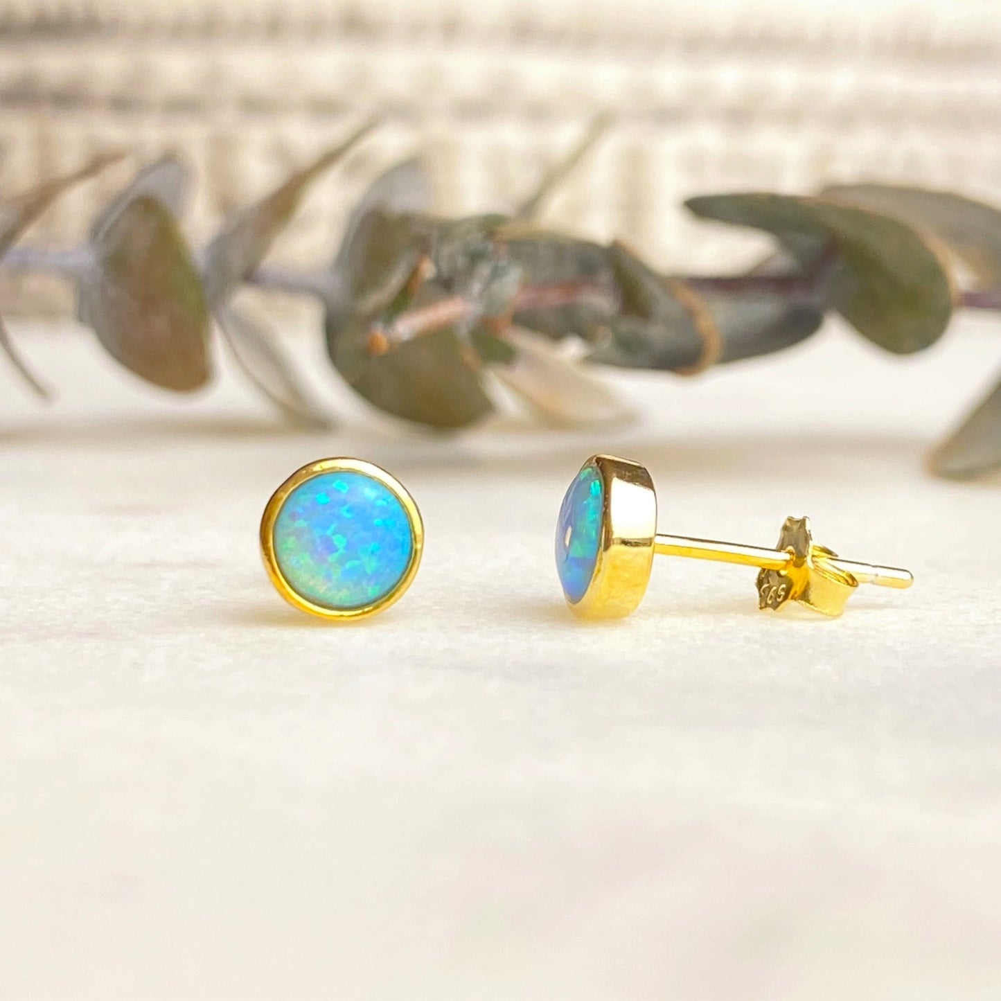 Blue Opal Studs in Gold 6mm